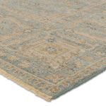 Detailed close-up showing fringe trim and subtle wool texture of vintage-inspired rug in earth tones