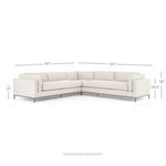 Diagram with dimensions overlaid on sectional sofa showing length, height, and depth