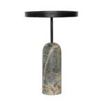 Saul End Table featuring a black wood round tray top supported by a green marble cylindrical base with organic veining