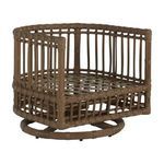 Wicker chair frame without cushions focusing on the open lattice weave and round swivel base