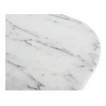 Close-up showing slightly rounded corner detail of white marble table top with gray veins