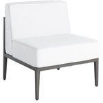 Three quarter angle view of the assembled sectional slipper with white cushions and gray frame