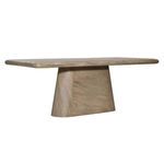 Natural sandblasted acacia wood dining table with a thick rectangular top and tapered trapezoid pedestal base