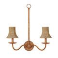 Double arm chandelier with smaller Bell woven shades and wooden circular wall mount