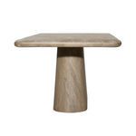 Narrow side view showing tapered rounded edges of the table top and cylindrical pedestal base