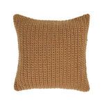Square outdoor throw pillow with handwoven knit pattern in warm brown color
