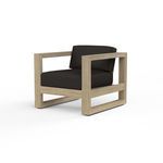 Coastal Teak Club Chair with solid teak wood frame in warm grey finish and black charcoal cushions
