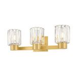 Three-light bath sconce with scalloped fluted glass shades and aged brass metalwork in rectangular layout