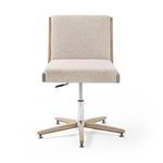 Front view with chair height lowered, showing lever under seat and wood legs angled outward