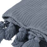 Close-up of Kerith throw blanket tassels and knit texture in blue cotton yarn