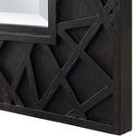 Close-up of satin black frame corner highlighting its raised geometric crisscross pattern and wood grain texture