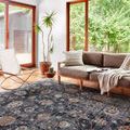 Samra charcoal rug styled in modern living room with sofa, chair, plants, and large windows showing room context