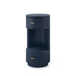 Aaron 2-Drawer End Table in selvage blue with round silhouette and open middle shelf