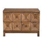 Front view of the Musashi Walnut console table with clear visibility of brass pulls and symmetrical drawer architecture.