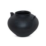 Aged black terracotta rounded vase with rolled lip and two small handles, hand-thrown clay texture