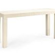 White raffia covered rectangular console table with thick square legs and clean modern lines
