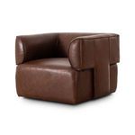 Side angled view showing chair's T-shaped frame detailing and rounded arm contour