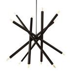 Close-up of tube bulbs and angled black metal rods arranged vertically on Viper Chandelier
