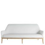 Front view showing clean, smooth white vinyl cushions and wood legs on Palma sofa