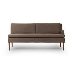Aurelia Dining Banquette in Broadway Coffee with flax linen upholstery, solid oak legs in amber oak finish, mid-century so...