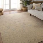 Tan and blue rug laid out in a living room setting with beige sofa, wood floor, and natural decor