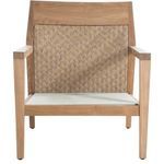 Outdoor lounge area featuring multiple Savannah Natural Teak Lounge chairs and sofa with white upholstery