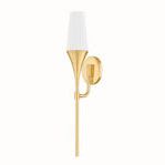 Side view showing profile of sconce with rounded wall plate and curved arm in aged brass
