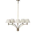 Linus Chandelier with curved bronze arms and five low tapered cream fabric shades, central sphere detail