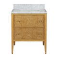 Vanity angled back-left showing marble countertop with backsplash and carved trapezoidal legs