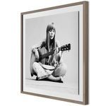 Three-quarter side view highlighting depth of 1.5 inch rustic walnut frame around Joni Mitchell portrait