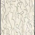 Abstract painting with fluid black lines forming minimalist human figures in motion on a light beige background