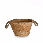 Natural woven bamboo basket with rounded handles and a tapered shape