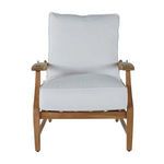 Front view of Croquet teak recliner chair with white cushions and teak frame