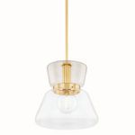 Elodie Pendant from a slightly angled front view showing clear lower glass and aged brass rod against white background