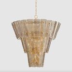 Cassian Chandelier with a neutral background emphasizing the golden hue and intricate panel arrangement