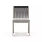 Front view of Sherwood Grey chair showing symmetrical black rope back and patterned Faye Ash seat cushion
