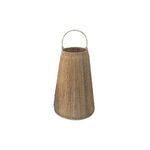Smaller natural jute lantern with round handle on top shown from front