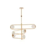 Sol Chandelier with geometric rattan design and three tiers holding six milk glass globes for ambient lighting