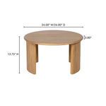 Oak coffee table front view with annotated dimensions: 24 inches wide and deep, 13.75 inches tall