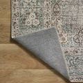Rug corner flipped revealing tightly woven plain grey backing for durability and stability.