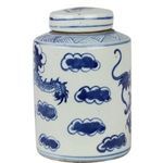 Back view of jar highlighting multiple blue cloud motifs with dragon tail tip