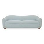 Bria sofa in flecked light blue fabric with gently sloping arms and rounded rubberwood feet in warm brown