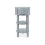 Side view showing drawer front, shelves, and silver metal leg caps on Claudette side table