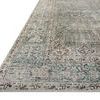 Close-up corner view of Jules Emerald rug showing texture and detailed vintage patterning