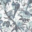 Blue and white Perrow Wallpaper featuring intricate floral pattern with birds perched on branches