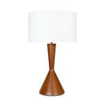 Denver Leather Table Lamp styled on a gold metal side table next to a beige sofa and light curtain
