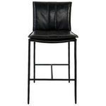 Front view of Mayer Stool showing padded leather seat and straight iron legs with footrest