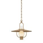 Cahill Lantern pendant with wide Patina Brass metal shade and opal seedy glass globe suspended by chain