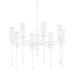 White Chisel 8 Light Chandelier with textured steel arms and clear cylindrical glass shades