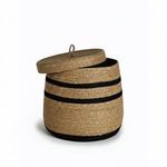 Side view of natural bamboo box with lid partially open, highlighting texture and black stripes